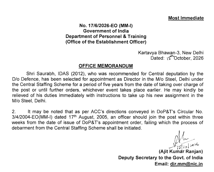 CSSforum_'s tweet photo. Appointments under Central Staffing Scheme

#DoPT has issued appointment orders for the following officers:

🔹 Dilip Lalchand Parmar, IOFS (2014) – Deputy Secretary, Ministry of Higher Education
🔹 Thiyagarajan S. M., IAS (BH:2011) – Director, Ministry of Cooperation
🔹 Praveen Kumar Tiwari, IRTS (2011) – Director, Ministry of Cooperation
🔹 Saurabh, IDAS (2012) – Director, Ministry of Steel