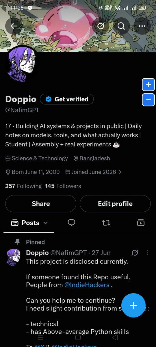 NafimGPT's tweet photo. 18 new followers since this morning 🤯!

So excited after having crossed 140 !

Just hit 145 followers ✅

X is doing it’s magic!

If you want to connect with builders, ambitious founders and indie devs, drop a comment below!! https://t.co/kzRGxWSs0x