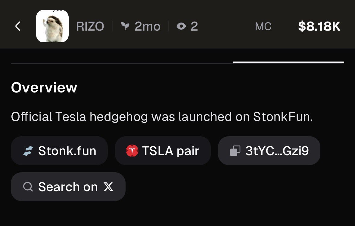 WaneCrypto's tweet photo. This is the first $RIZO paired to TESLA and no one saw this

Ca:
3tYCKkKQ6b1C79oJFhqApWGqg6cmvT4FnRYMXQA5Gzi9 https://t.co/RzKlHJJl2g