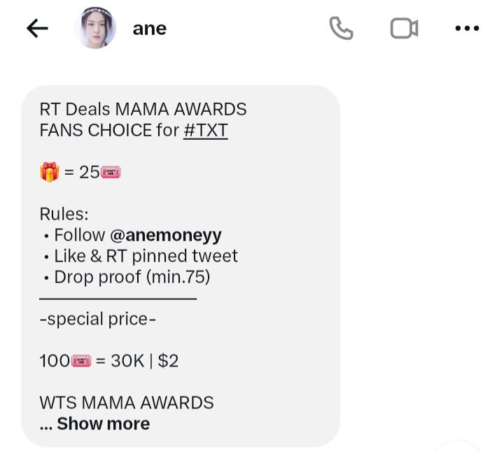 soobinnabel's tweet photo. RT Deals MAMA AWARDS
FANS CHOICE for #TXT

🎁 = 25🎟️ 

Rules:
 • Follow @anemoneyy 
 • Like &amp; RT pinned tweet 
 • Drop proof (min.75)
—————————
-special price-

100🎟️ = 30K | $2

WTS MAMA AWARDS 
FANS CHOICE CATEGORY 1st VOTE https://t.co/KYjMQawP8D