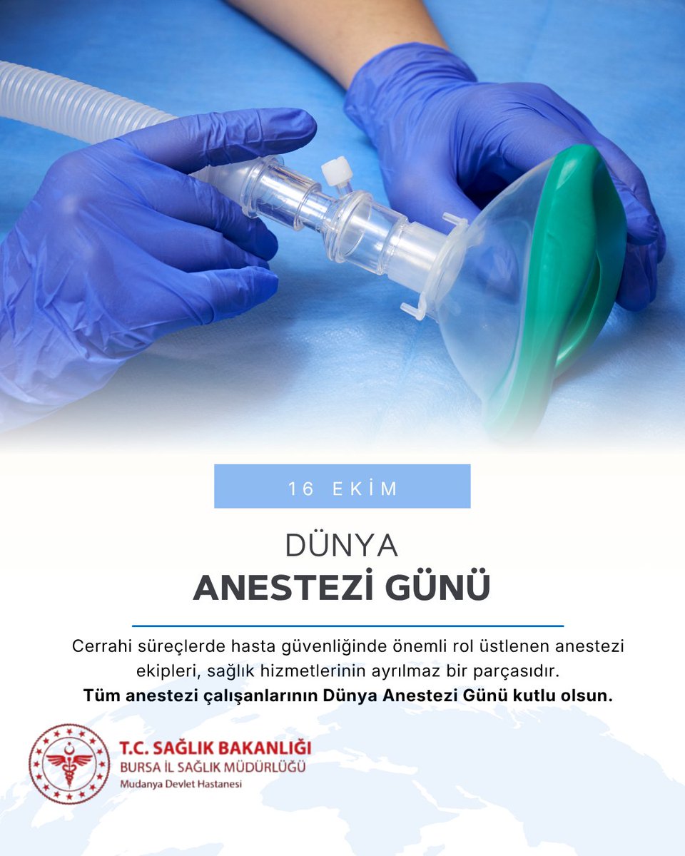 mudanyadh's tweet photo. Hasta güvenliğinin sağlanması ve ağrı kontrolünde önemli görev üstlenen tüm anestezi hekimlerimizin ve anestezi teknikerlerimizin Dünya Anestezi Günü kutlu olsun.
#DünyaAnesteziGünü https://t.co/v4cKVBv3lB