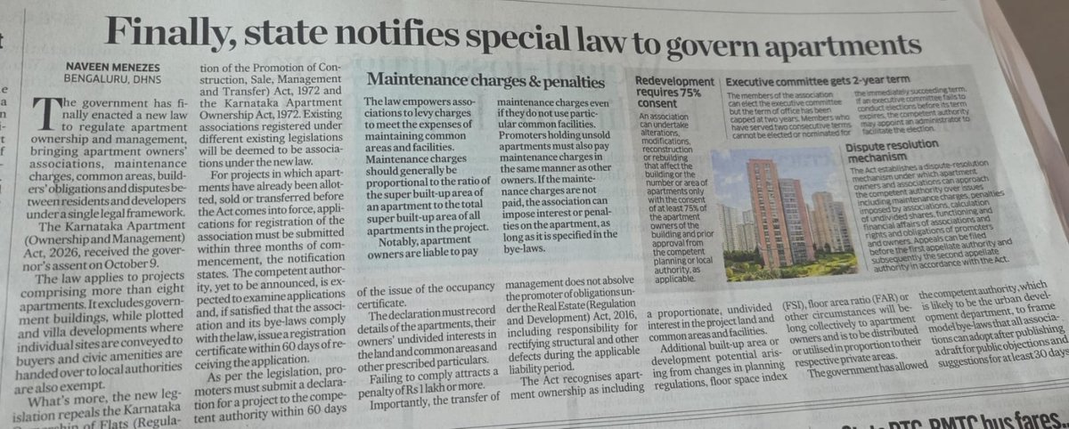 nemmadi_in's tweet photo. ಸುದ್ದಿ/समाचार/News

𝗞𝗔𝗢𝗠𝗔 𝗶𝘀 𝗻𝗼𝘄 𝗹𝗮𝘄.

The Karnataka Apartment (Ownership and Management) Act, 2026 received the Governor's assent on October 9, and the state has notified it.

Watch now: https://t.co/Wtx7NfkWSe

#KAOMA #Karnataka #RWA #RWAHOTO #Bengaluru #Nemmadi https://t.co/3aFOYgTaMD