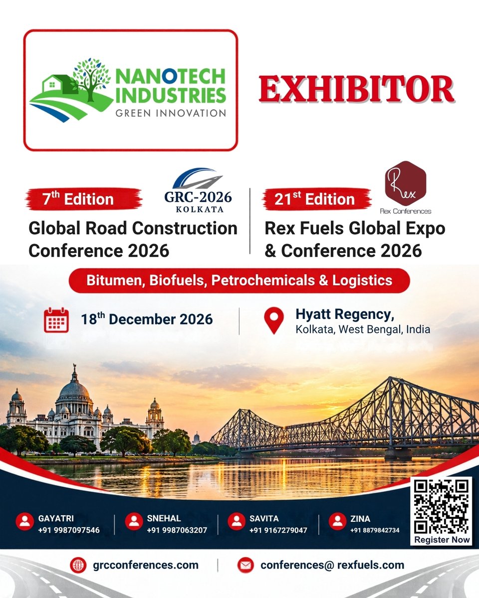 FuelsManagement's tweet photo. We are pleased to welcome Nanotech Industries – Green Innovation as an Exhibitor at the 7th Edition of the Global Road Construction Conference 2026 in Kolkata!
📅 18 December 2026 | 📍 Hyatt Regency, Kolkata, India
#GRC2026 https://t.co/DCkcShgTCO