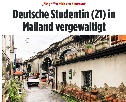 Taykra's tweet photo. #Mailand (Italien) – Sie war auf dem Heimweg von einer Party und wollte zurück in ihr Studentenwohnheim. Die junge Deutsche (21) wurde von 2 Männer verfolgt, festgehalten und vergewaltigt.
Die Studentin beschrieb die beiden Männer als vermutlich nordafrikanischer Herkunft. https://t.co/g4XMJpFnrR