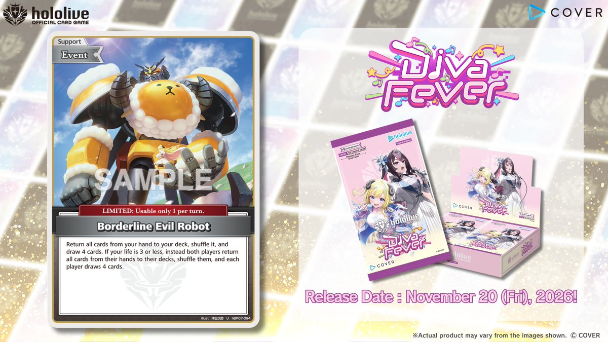 hololive_OCG_EN's tweet photo. 【#hOCG Card Reveal】
Introducing a card from the "Booster Pack – Diva Fever," releasing on November 20 (Fri), 2026!

This time, it’s the Support Event Borderline Evil Robot!🐏 

🔽 Product Details:
https://t.co/5W1T6u96pJ

#hololive https://t.co/X9Ls8HmH1d