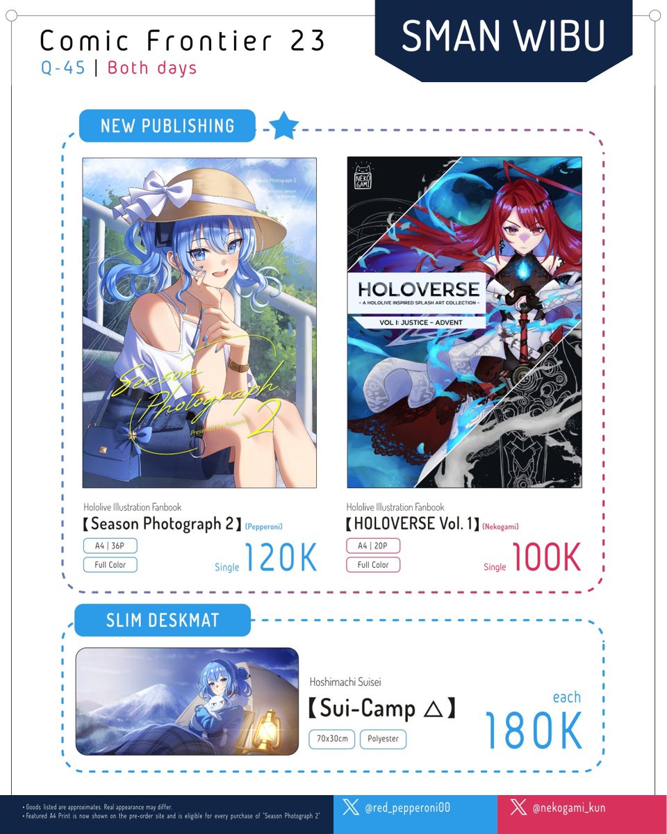 nekogami_kun's tweet photo. SMAN WIBU (📌Q-45 | Both days) #CF23 updated catalogue!

📷NEW publishing:  
•【Season Photograph 2】(@red_pepperoni00 ) 
•【HOLOVERSE Vol. 1】(Nekogami)

Can't wait to see you all at #comifuro23! Don't forget to come over and say hi 👋 https://t.co/H4d7gXdSqa
