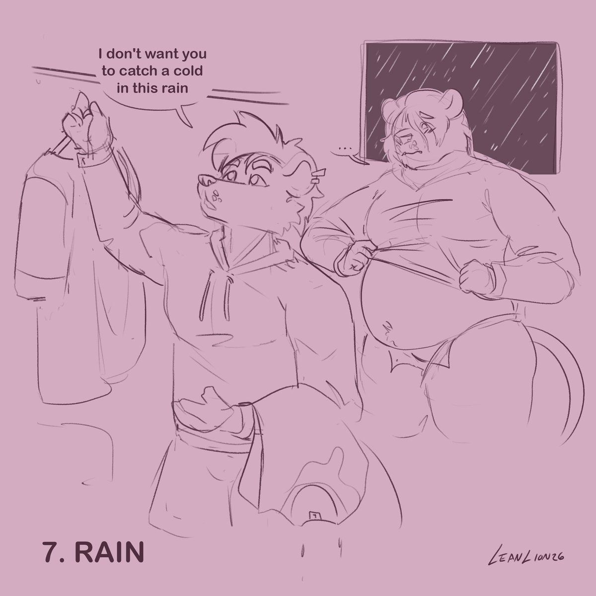 LeanLionFurry's tweet photo. 7. Rain  

Soaked lion, at least Space has some clothes to lend to him 🌧️🧥

 #Fattytober https://t.co/O0Q5NBw1ww