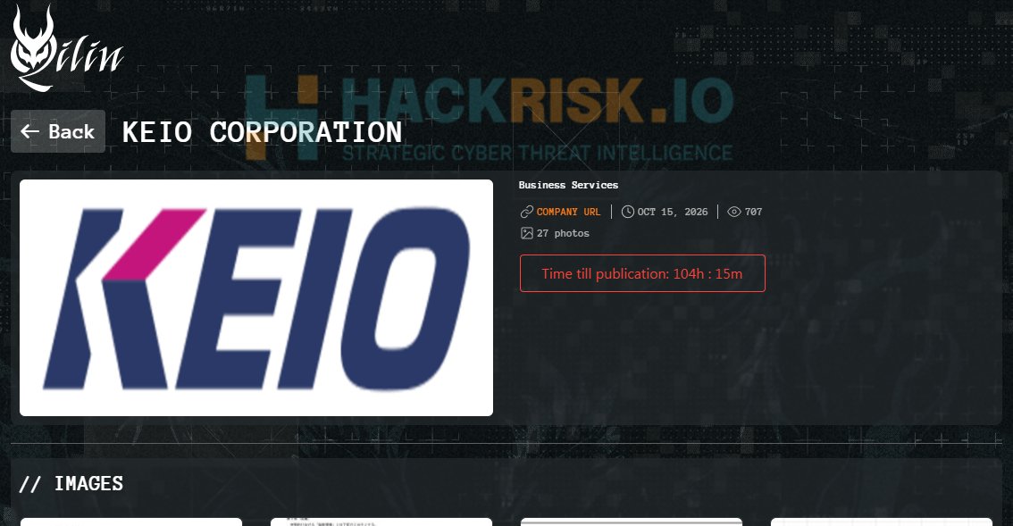 H4ckmanac's tweet photo. 🚨Cyber Alert ‼️

🇯🇵Japan - 𝗞𝗲𝗶𝗼 𝗖𝗼𝗿𝗽𝗼𝗿𝗮𝘁𝗶𝗼𝗻

The Qilin ransomware group claims to have breached Keio Corporation, a major Japanese transportation company, and threatened to leak allegedly stolen confidential data. The group published 27 sample images reportedly showing internal documents, employee information, HR databases, financial records, internal communications and business contracts.

Keio Corporation disclosed that it detected a ransomware attack against Keio Group servers in the early hours of September 26, 2026, resulting in system disruptions.

Threat actor: Qilin
Sector: Transportation
Data exposure (claimed): Not Specified
Data type: Internal documents, employee personal information, HR databases, financial and accounting records, internal communications, business contracts
Observed: Oct 15, 2026
Status: Ransomware attack confirmed by victim; Qilin's claim pending verification
ESIX©: 6.15

Full details and impact assessment on https://t.co/eB7qgxKFAa