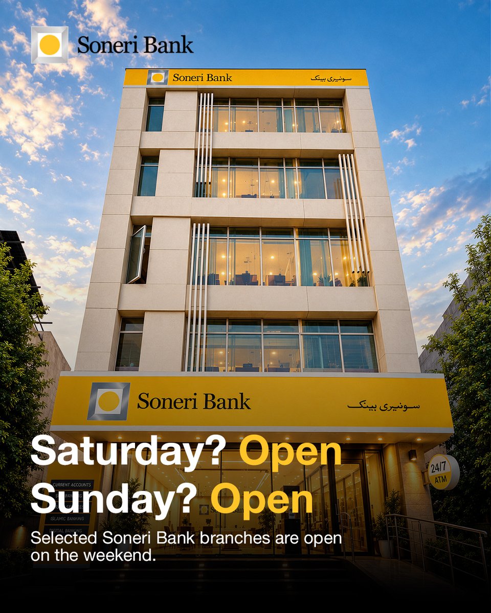 SoneriBank_Pk's tweet photo. Weekend banking, made convenient!
Selected Soneri Bank branches are open on Saturdays & Sundays to fit your schedule.
Find your nearest branch: https://t.co/Ab2WQ7M2eN
#SoneriBank #WeekendBanking #BankingConvenience #RoshanHarQadam https://t.co/HN6vtpM9Df