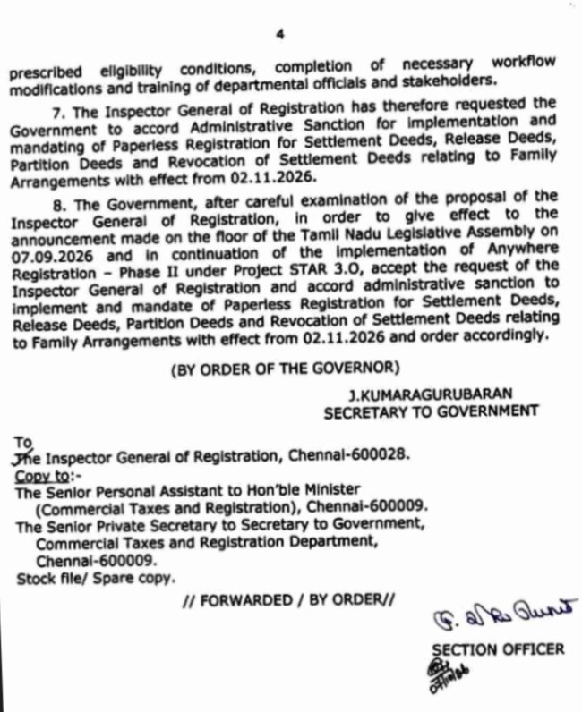 h_pongilath's tweet photo. Commercial Taxes &amp; Registration Dept, #TamilNadu introduced Paperless Registration for Settlement Deeds, Release Deeds, Partition Deeds : Revocation of Settlement Deeds relating to Family Arrangements - Parties to appear before Sub-Registrar for Authentication from 02nd Nov 2026 https://t.co/iG96yNJl1o
