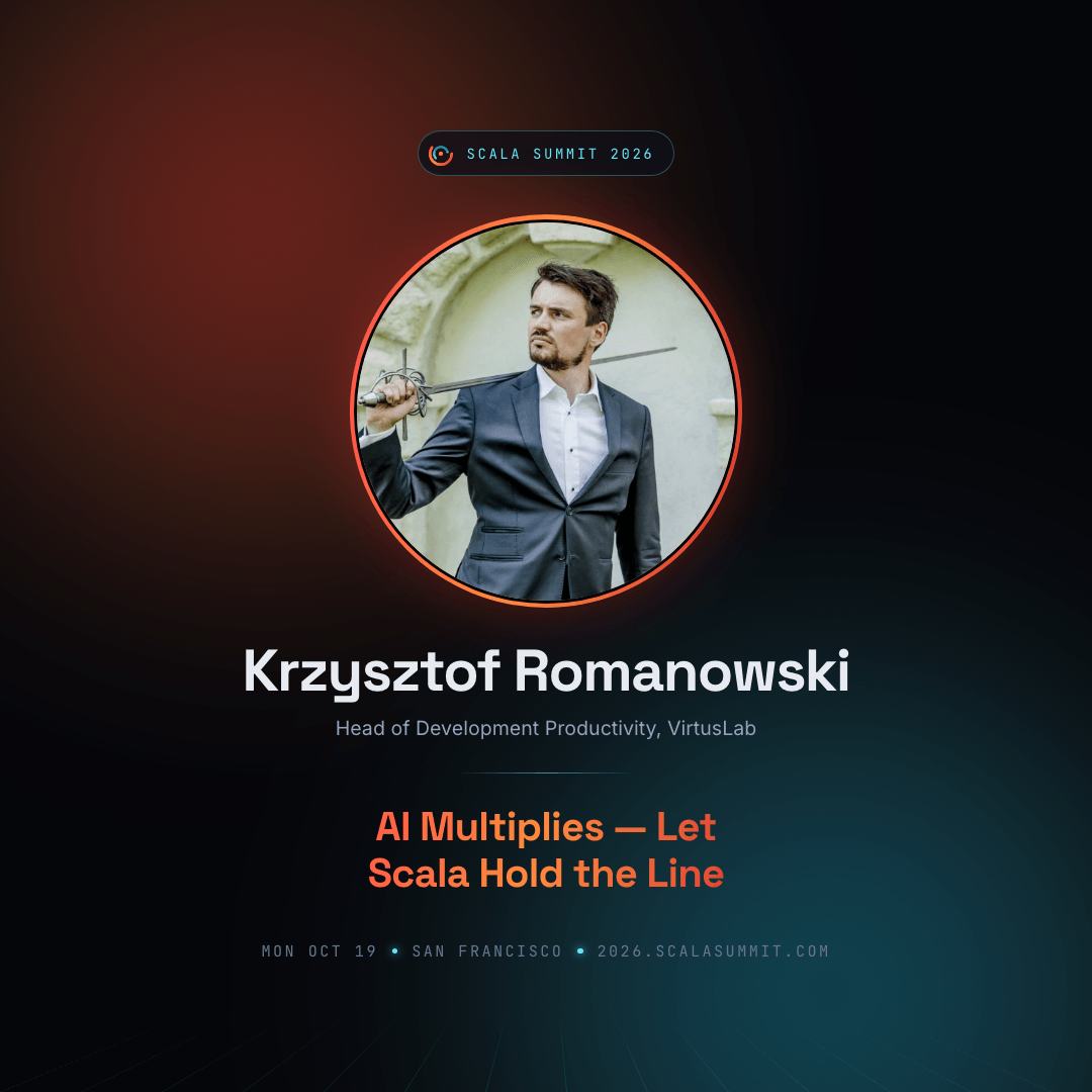 SalarRahmanian's tweet photo. 🎤 Speaker spotlight: @RomanowskiKr , Head of Development Productivity at @VirtusLab .

"AI Multiplies — Let Scala Hold the Line": AI scales whatever it stands on. Build the workflow on Scala's honest compiler: agents, context, deterministic refactors & hermetic builds."

🗓️ Mon Oct 19 · SF · 3 days to go
🎟️ Get your ticket: https://t.co/K54RCwwkn2

#Scala #Scala3 #BayAreaScala #SFScala #SanFrancisco #ScalaSummit2026

cc @sfscala @BayAreaScala