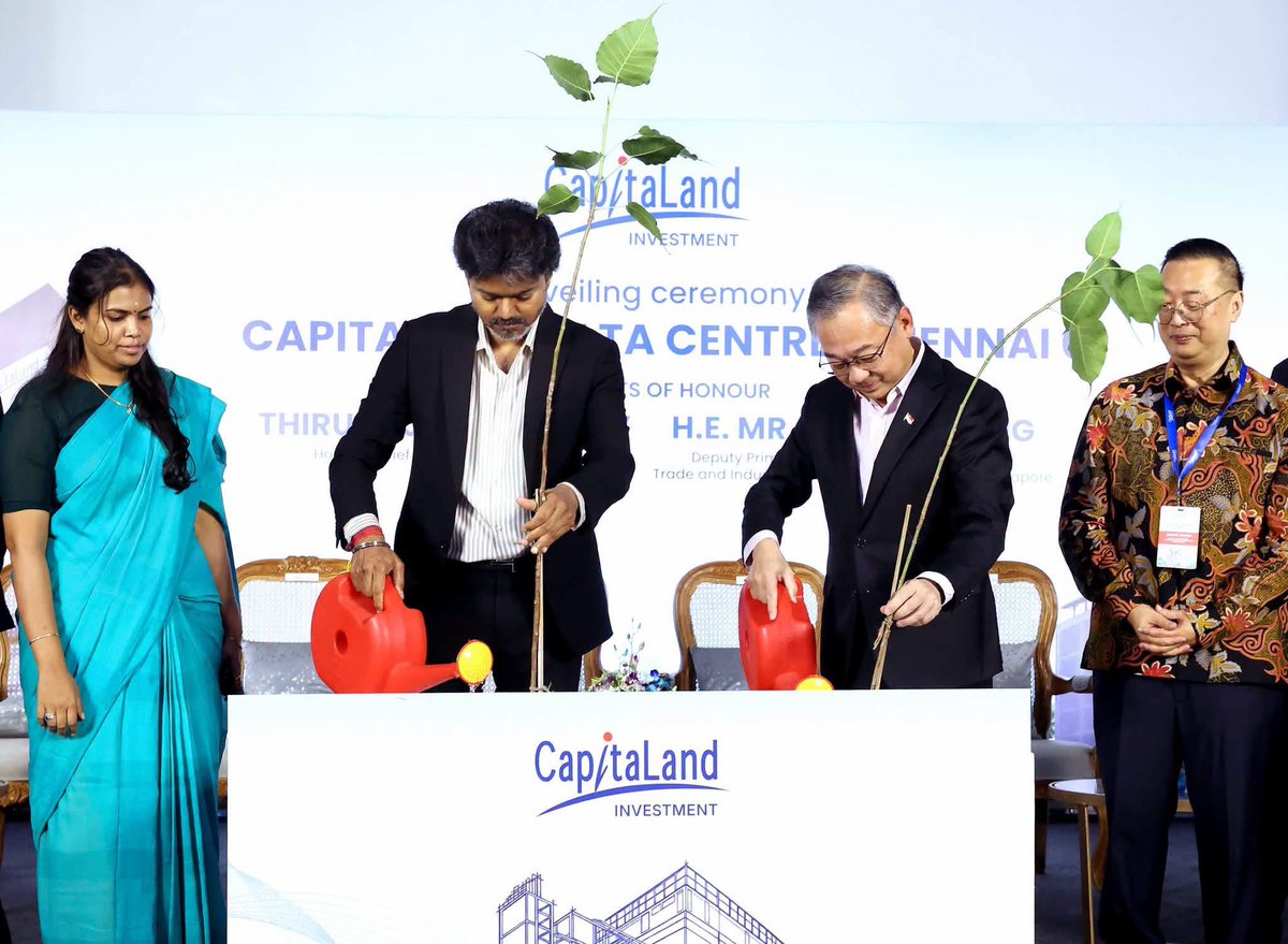 SGinIndia's tweet photo. Deputy Prime Minister @GANKIMYONG just wrapped up a productive visit to #Chennai

Highlights include the meeting with Tamil Nadu Chief Minister C Joseph Vijay and the unveiling of @CapitaLand_Ind’s first data centre in Chennai, and meetings with local business leaders as well as Singapore companies who have a presence here to better understand the opportunities to strengthen industry partnerships

#Singapore - #TamilNadu relations continue to go from strength to strength. Excited for the next phase of our ties 🇸🇬🤝🏽🇮🇳

Our thanks to @CMOTamilnadu for the exciting arrangements and hospitality - HC Wong

@actorvijay @TVKVijayHQ 

#VettriTamilNadu 

📷: MDDI / Lim Sin Thai