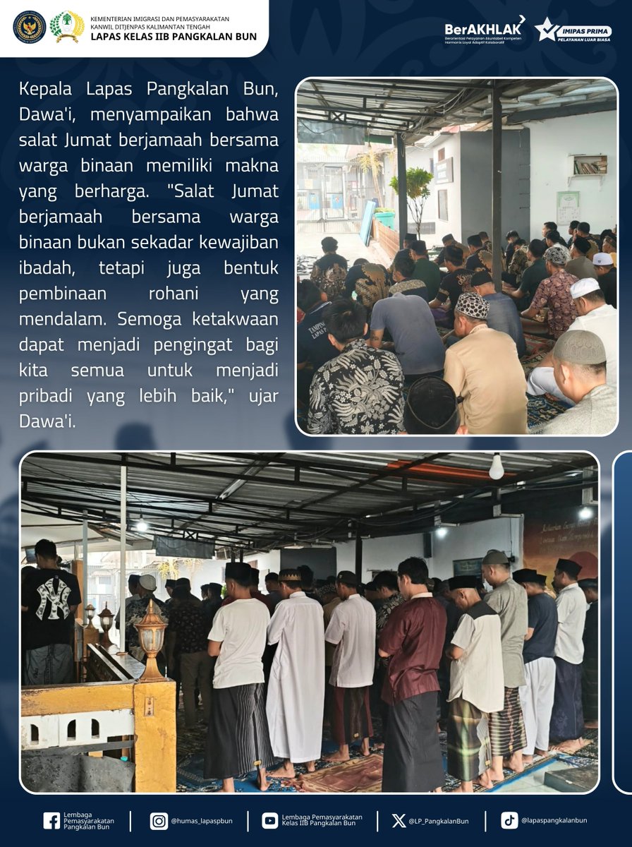 LP_PangkalanBun's tweet photo. Perkuat Pembinaan Rohani, Petugas dan Warga Binaan Lapas Pangkalan Bun Salat Jumat Berjamaah di Masjid At-Taubah

Humas Lapas Pangkalan Bun
#kemenimipas
#Ditjenpas
#pemasyarakatan
#guardandguide
#DitjenpasKalteng
#Hensah
#infoimipas
#lapaspangkalanbun
#dawai
#KabarLapabun https://t.co/EUFdqARMvK