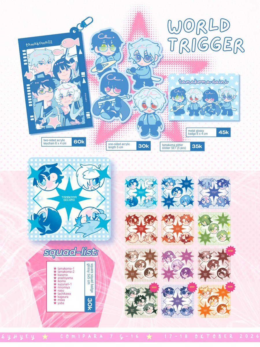 WATORIFESS's tweet photo. Watorifess info:

Yang weekend ini( 17-18 Oktober) dateng ke #comipara7 

Kalo cari fan merch watori / world trigger bisa mampir ke 2 lapak ini

Lapak @amemonm di Booth No. L-10 "Tempat Khilaf Jajan" (stok terbatas untuk ots)

&amp;

Lapak @syhyey di booth G-16 (ots only) https://t.co/lOzcsqO1x5