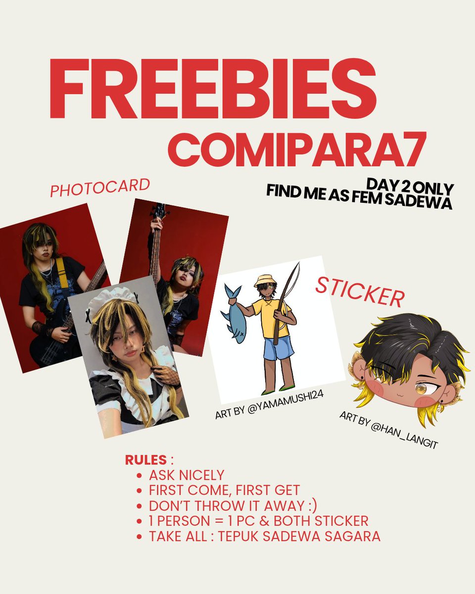 abcdayanism's tweet photo. super last minute but here's my freebies for comipara7. aku dateng di day 2 as fem sadewa ya guys, tepuk aja aku ga gigit kok https://t.co/0ZaJn7Qxkc