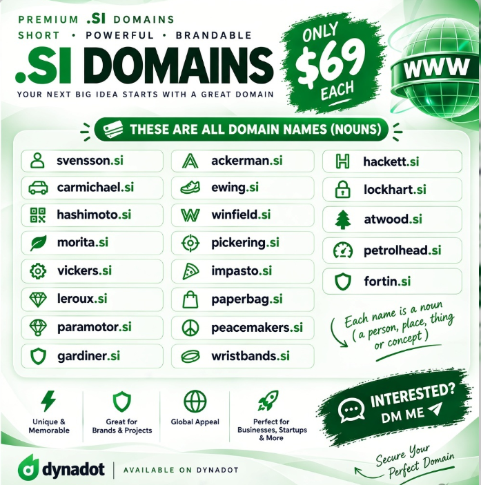 ArinKhandelwal7's tweet photo. Premium .SI Domains – Only $69 Each

Short • Powerful • Brandable  
Perfect for brands, startups &amp; projects.

Interested? DM ME

#Domain #Domainforsale #Si  #ai https://t.co/05Q4MBWgiO