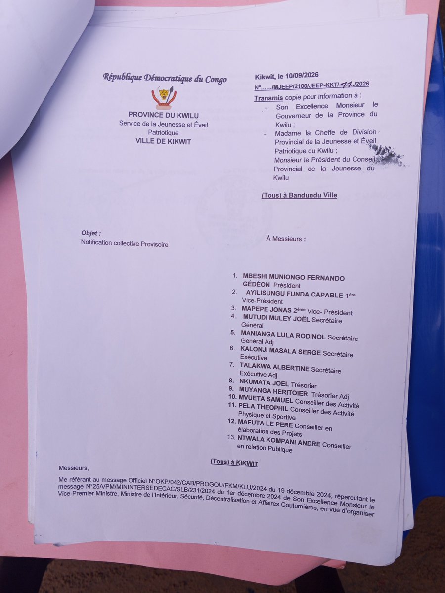 FMbeshi's tweet photo. 🚨 ALERTE À KIKWIT !

Un bureau provisoire du Conseil urbain de la jeunesse a été mis en place par les autorités compétentes en attendant les élections.

Toute personne revendiquant un ancien mandat est priée de présenter ses documents officiels, les preuves de reconnaissance. https://t.co/zuq4u3ZLuT