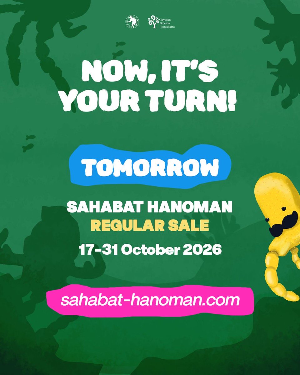 JAFFJogja's tweet photo. This year, Sahabat Hanoman is back. Now, it’s your turn to join the wave.

Go to https://t.co/wQwgfwvnuE &amp; pick your package!
Sahabat Hanoman Early Bird: 1–16 October 2026

See you at JAFF21, 28 November–5 December 2026 👋🏻

#JAFF21 #JAFF2026 https://t.co/jv0UsusbMm
