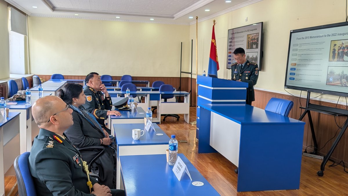 SpokespersonMoD's tweet photo. Joint Secretary Dr Ishita Ganguli Tripathy visited Mongolia’s National Defence University and called on Commandant Brig Gen Buyanbat T. The visit showcased the training infrastructure and facilities of Mongolia’s premier defence training institution, including the Cyber Security Training Centre established with Indian assistance. The Mongolian side appreciated India’s continued support in language training and cyber security, underscoring the value of capacity building, knowledge-sharing and deeper military-to-military cooperation in strengthening the India–Mongolia Strategic Partnership.
