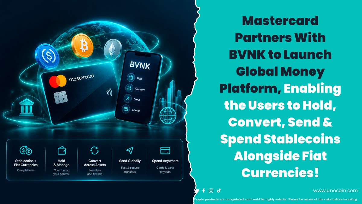 Unocoin's tweet photo. Mastercard X BVNK

A new global money platform aims to bring stablecoins and fiat currencies together.

Users will be able to: 
🔹Hold and manage funds 
🔹 Convert across assets 
🔹 Send globally 
🔹 Spend through cards and bank payouts

Stablecoins are moving into the wider payments conversation.

#Mastercard #BVNK #Stablecoins #CryptoIndia