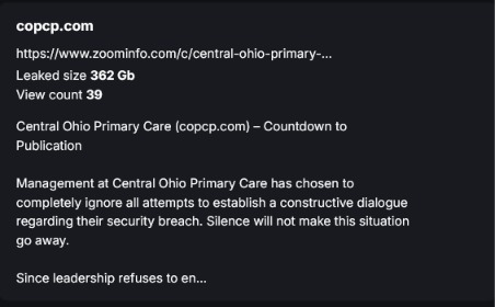 Comparitech's tweet photo. ‼️ Central Ohio Primary Care 🇺🇸 has said approximately 1.4 million people have been impacted in its August 2026 data breach. SSNs, health &amp; financial info affected.

Ransomware gang Chaos claimed the attack, saying it had stolen 362 GB of data.

https://t.co/WtdLhV0U29 https://t.co/3WQk8iXURx