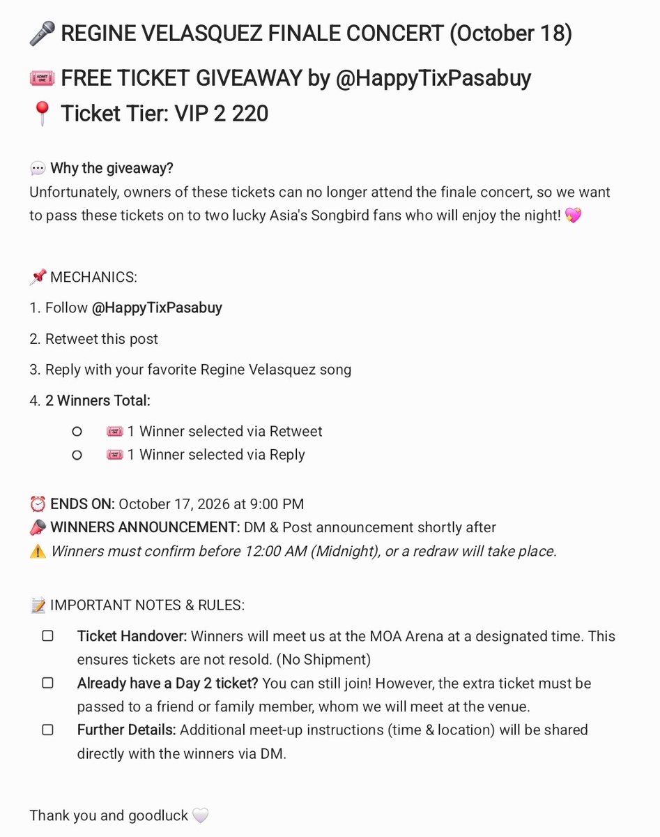 HappyTixPasabuy's tweet photo. 🎤 REGINE VELASQUEZ FINALE CONCERT (October 18) 🎤

​🎟️ FREE TICKET GIVEAWAY by @HappyTixPasabuy

​📌 MECHANICS:
Follow, Retweet, &amp; Reply (check photo for more details)

‼️STRICTY NOT FOR SALE‼️
​
#RegineVelasquezAlcasid #RegineVelasquez #RegineVelasquezFINALE
#RVAFinaleConcert https://t.co/YMznWtprge