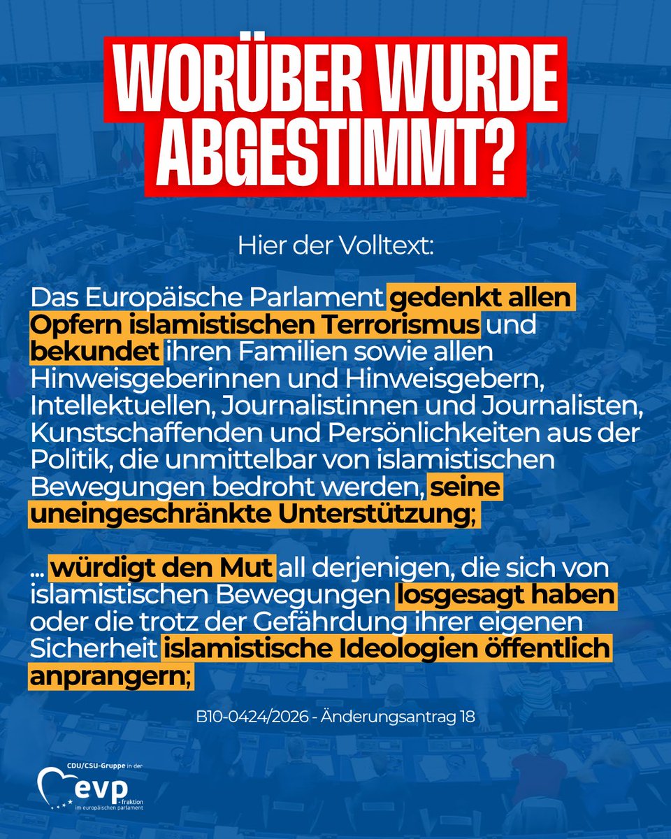 CDU_CSU_EP's tweet photo. Keine öffentlichen Gelder für die Propagierung von Frauenunterwerfung, Antisemitismus oder Hass gegen Christen. Solidarität mit den Opfern islamistischen Terrors. Dafür sollte es breite Zustimmung geben.
 
Doch bei beiden Forderungen stimmten SPD und Grüne dagegen. https://t.co/zpIPtpono7