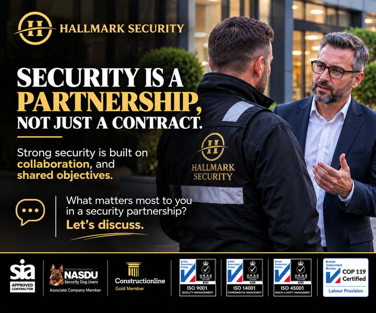 HallmarkSec's tweet photo. Security is a partnership, not just a contract.

At Hallmark Security, we believe trust, communication and shared objectives deliver stronger protection.

What matters most to you when choosing a security partner?

#HallmarkSecurity #Security https://t.co/J7EDlPDu9s