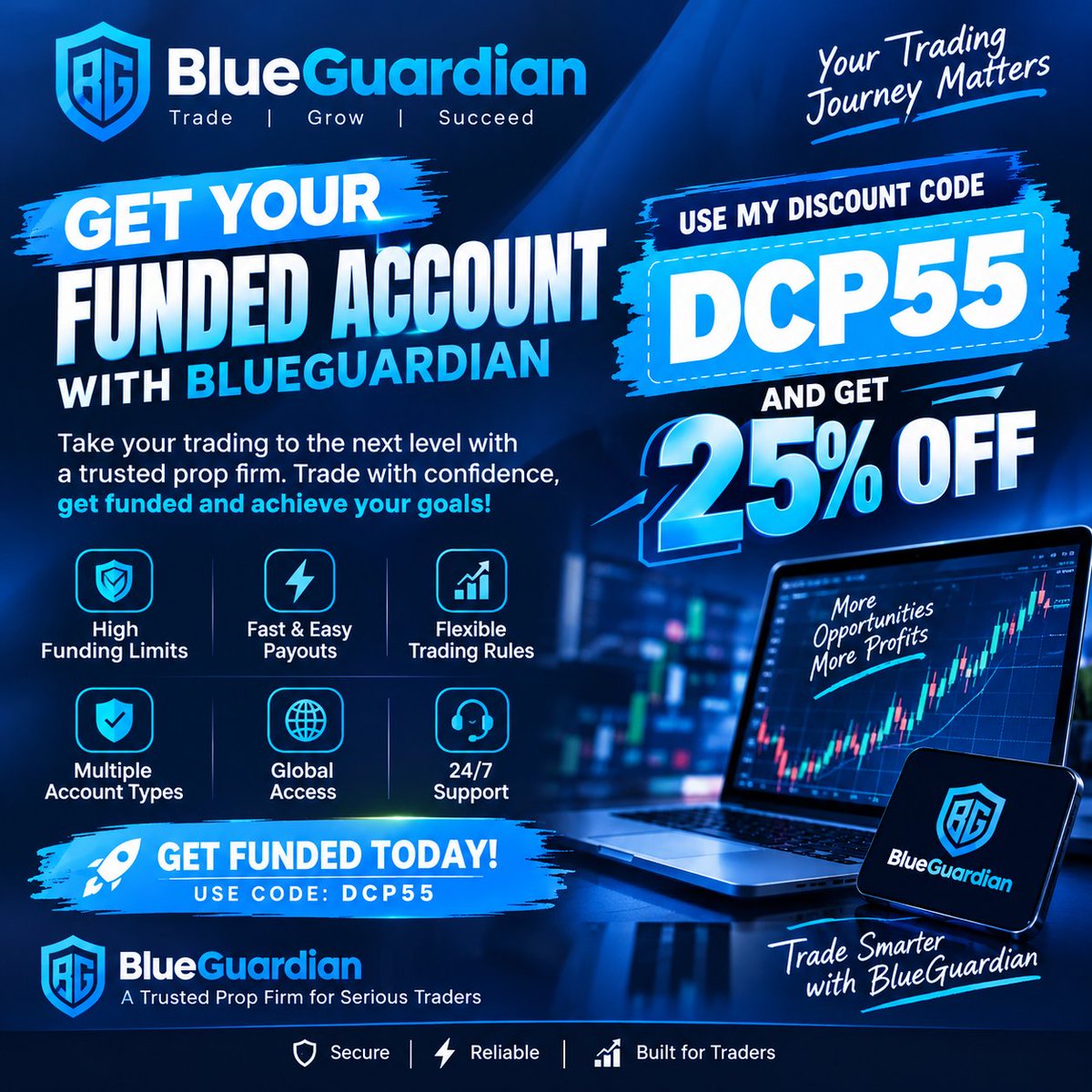 dcptrader55's tweet photo. SPECIAL OFFER FOR MY COMMUNITY! 🔥🚨

Want to start your trading journey with @BlueGuardian? 💙📈

🎁 BUY AN ACCOUNT USING MY DISCOUNT CODE "DCP55" AND GET 25% OFF!

💰 And guess what? I WILL GIFT YOU ANOTHER ACCOUNT FOR FREE! 🎁🔥

✅ Use my code: DCP55
✅ Get 25% OFF
✅ Receive another account as my special gift!

Don't miss this opportunity to take your trading journey to the next level! 🚀

🔗 Visit: "https://t.co/lXg4sCZCY0 

Use code DCP55 when purchasing and contact me to claim your free account. 💙

— Dcp | Trades 📊