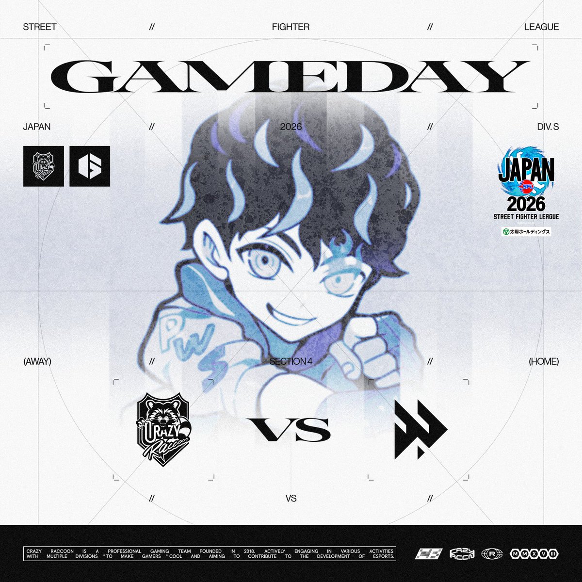 crazyraccoon406's tweet photo. 【SFL: Pro-JP 2026】
- Division S 第4節

⚔️10/16(金) 20:20~

vs KADOKAWA FAV gaming

・Roster
- dogura(@maneater_dgr)
- Bonchan(@katitagaribon)
- Kazunoko(@kazunoko0215)
- Shuto(@Shuto_fgc)

・Coach
- Tachikawa(@NomoreNottori)

🔴YouTube
https://t.co/nxO2Zx4jZ9
🟣Twitch 
https://t.co/EB1tiIeDHh

#CRWIN #ストリートファイター6 #SFリーグ