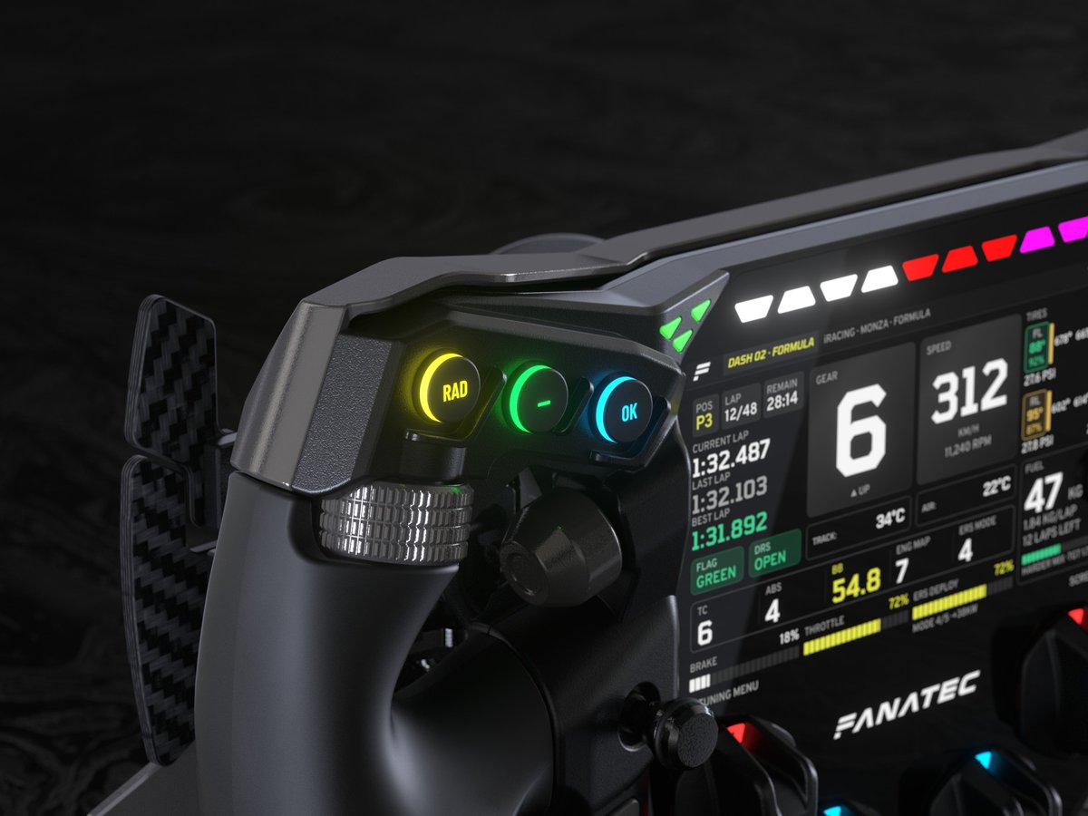 DigitRacing's tweet photo. Fanatec Project Obsidian is a new steering wheel with a 5-inch colour display, SimHub support and console telemetry over Wi-Fi, coming in 2027 at ClubSport-level pricing. Fanatec is showing the prototype at SimRacing Expo Frankfurt 2026.

https://t.co/qg7WZbfZ2X https://t.co/YKrGEpDCBV