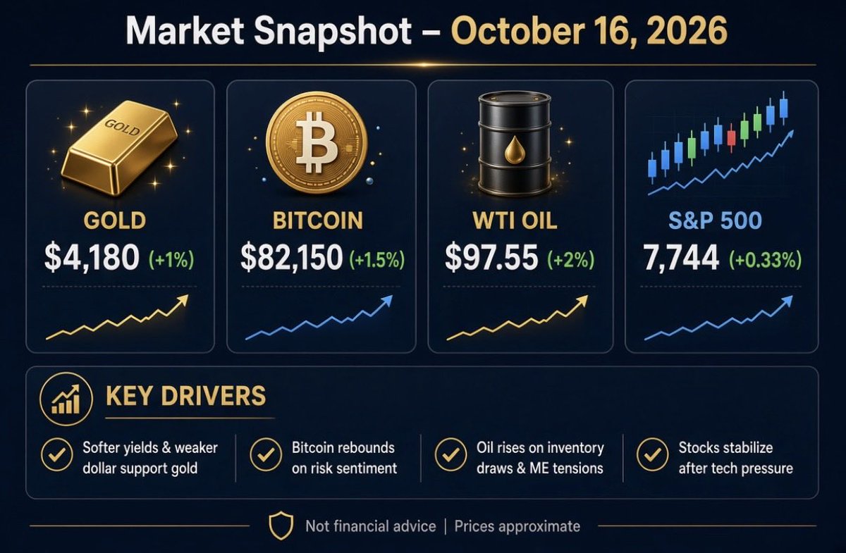 FarFetched_01's tweet photo. Market Update – Oct 16, 2026

#Gold $4,180 (+1%) | Bitcoin $82,150 (+1.5%) | 

#WTI Oil $97.55 (+2%) | S&amp;P 500 7,744 (+0.33%)

Soft yields &amp; weaker dollar lift gold &amp; $BTC

#Oil firm on inventories &amp; ME risks

Stocks stabilize after tech pressure https://t.co/54P0h31P1C