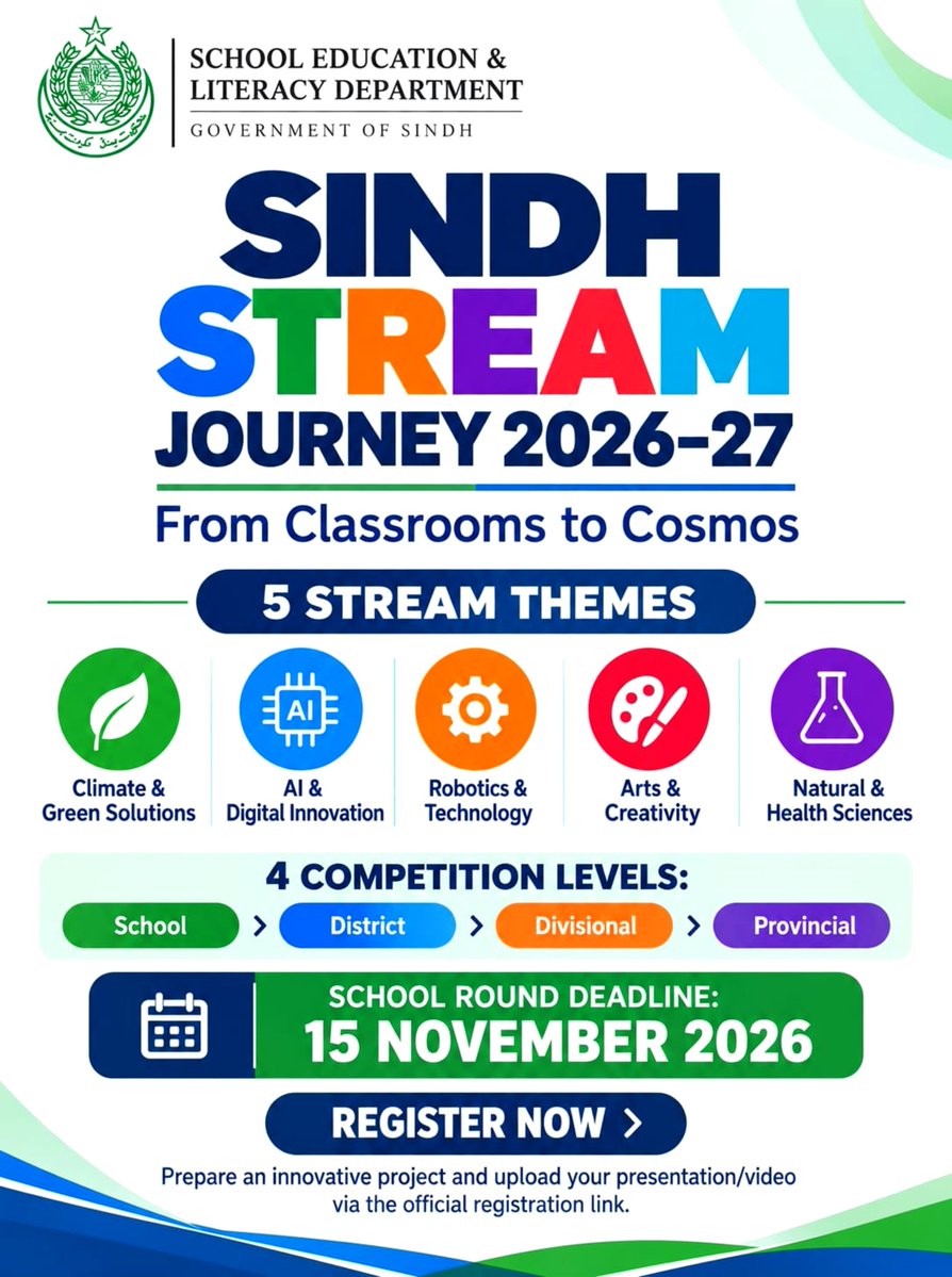 drAFR93's tweet photo. 🚀 From Classrooms to Cosmos!
Sindh’s STREAM Journey 2026–27 is creating new opportunities for students to explore science, develop ideas & showcase innovation. Appreciation to @sardarshah1 for promoting scientific learning to shape the future.
Join the journey!
#SindhSTREAM https://t.co/Vil7jasMcB