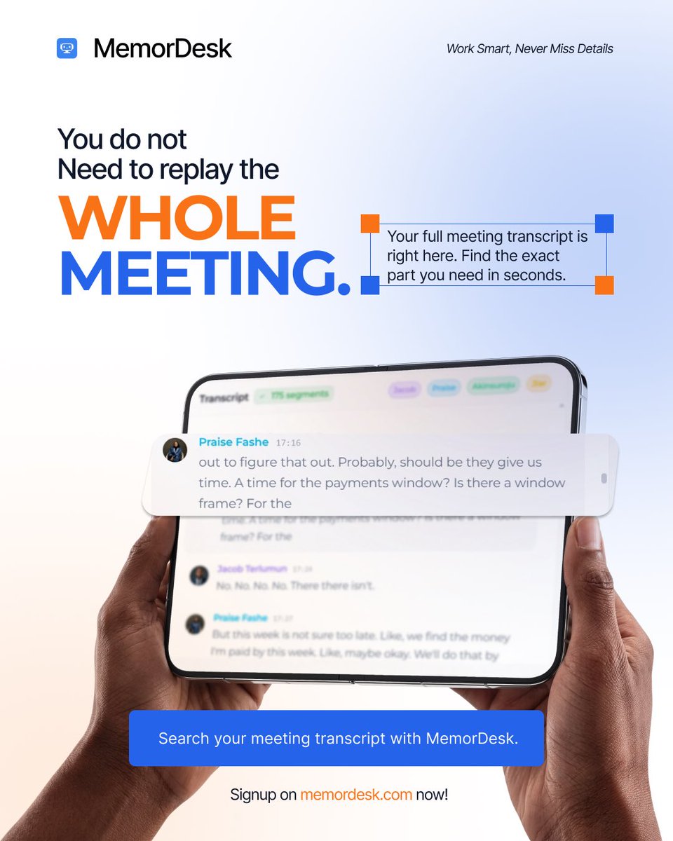 memordesk's tweet photo. Need one detail from a meeting? 

That one detail you’re looking for might be buried somewhere in a long meeting recording. 

With MemorDesk, you don’t have to replay the whole meeting. Simply search your meeting transcript with MemorDesk and find what you need in seconds.

Try it free: https://t.co/X3AJrRn5Is

#MemorDesk #MeetingAI #Productivity