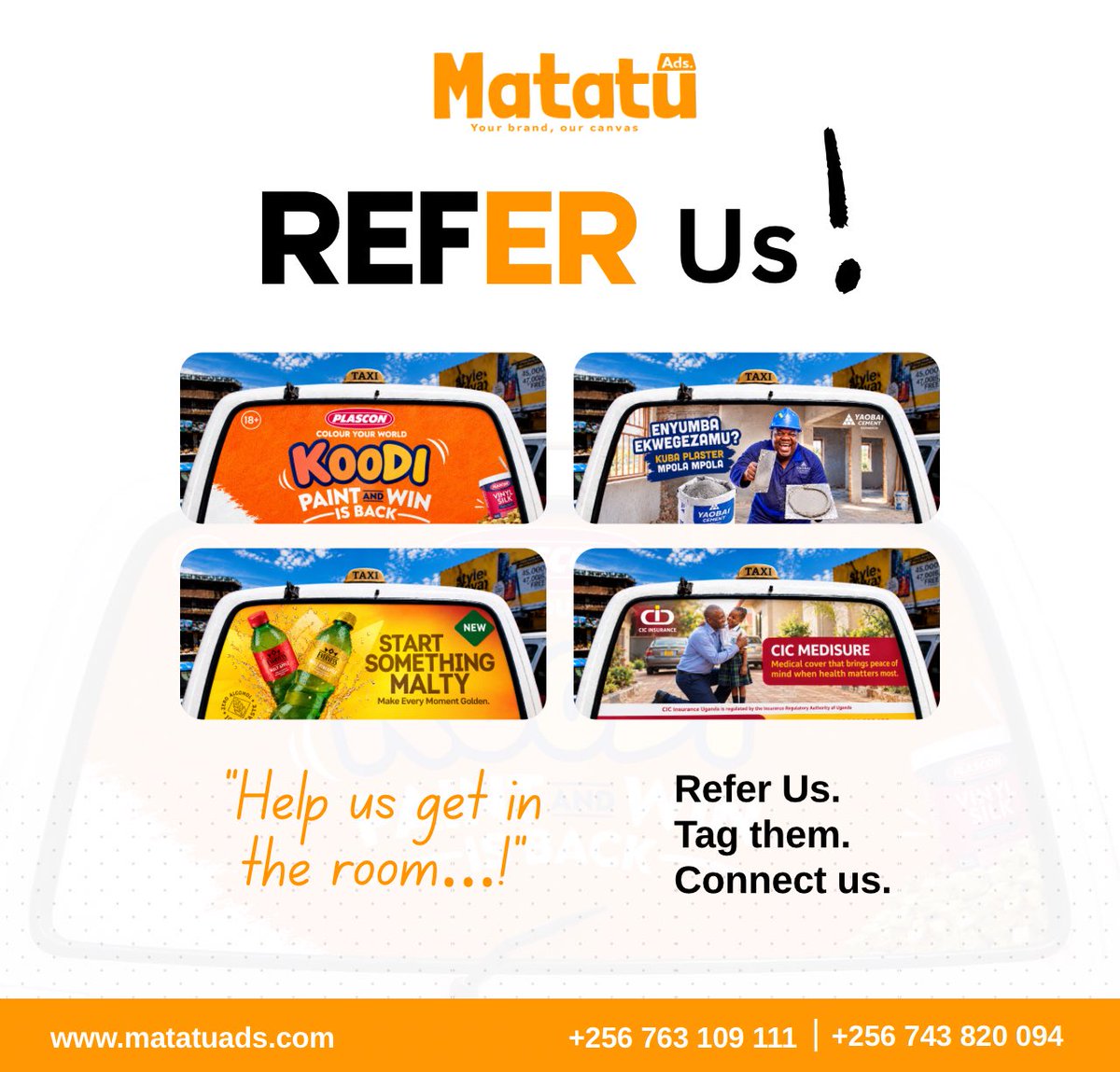 matatuads_ltd's tweet photo. 🤝 Your network could help us take MatatuAds further!

We’re looking to connect with brands ready to explore taxi advertising across Uganda.

Know a Brand Manager, Marketing Director or business owner? Tag them. Connect us. Let’s make it happen! 🚀

#MatatuAds #ReferUs https://t.co/7DVGhoPzZM