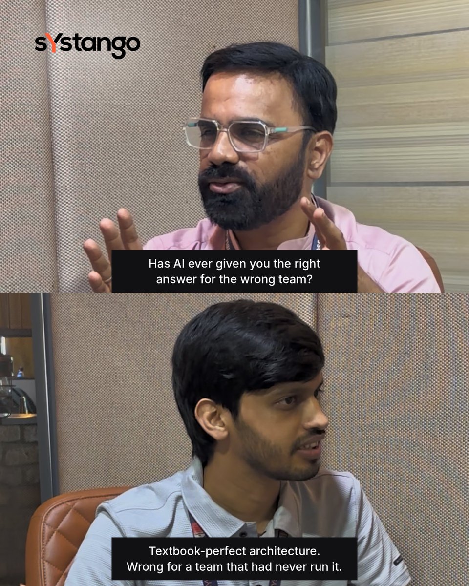 Systango's tweet photo. AI can be technically right and still wrong for your team
Chayan Surana, Solution Architect at Systango, saw an AI suggest a textbook event-driven design for a team that had never run one in production. They chose a simpler approach

Full podcast link in comments

#AIEngineering https://t.co/Xpw9iYNuzt