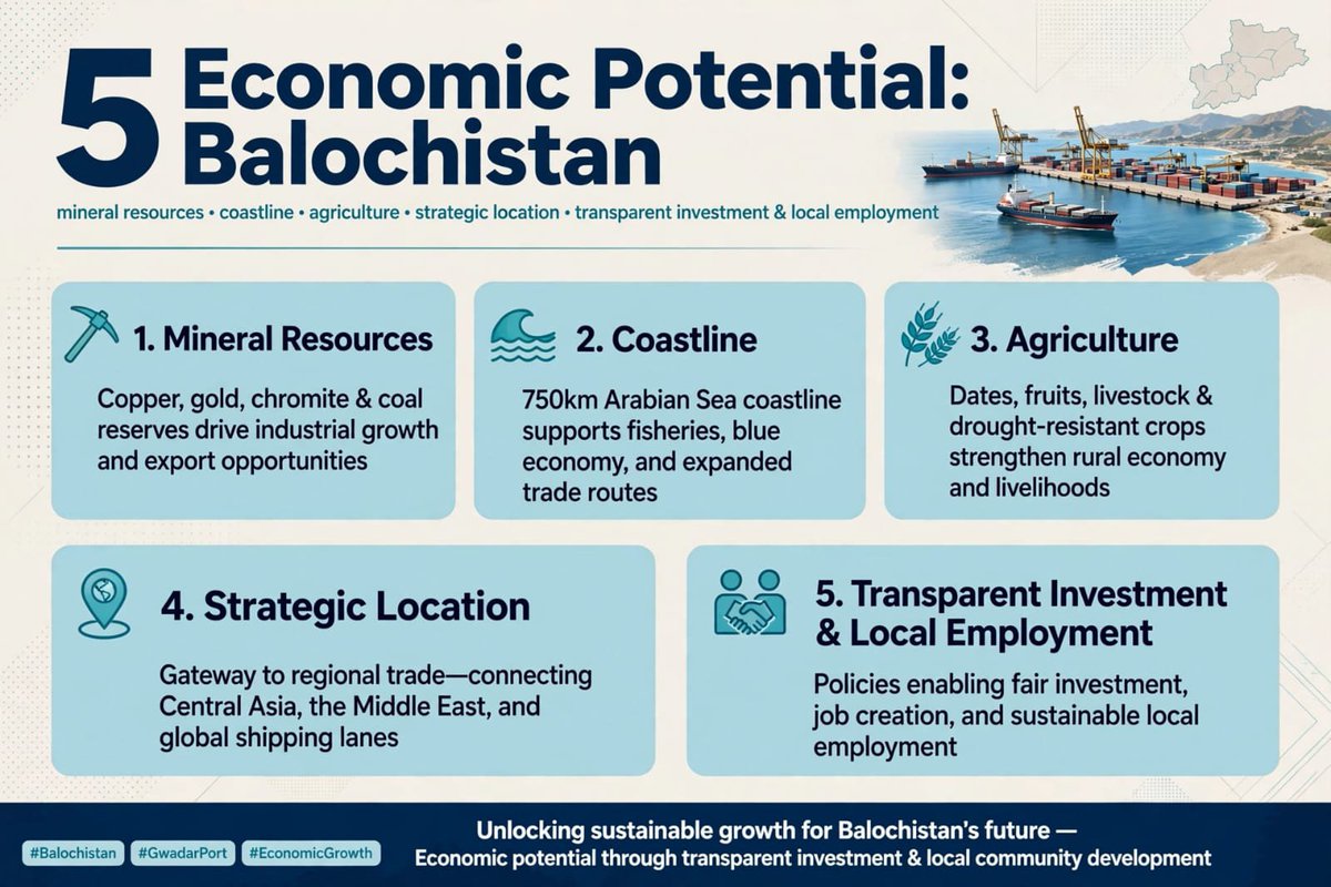 Zareen_Gul_'s tweet photo. Economic Potential

Balochistan’s mineral resources, coastline, agriculture and strategic location offer significant economic potential. Transparent investment and local employment can help communities benefit from development. #Balochistan #Economy #Minerals #Gwadar #Pakistan https://t.co/M4eNiISAIX