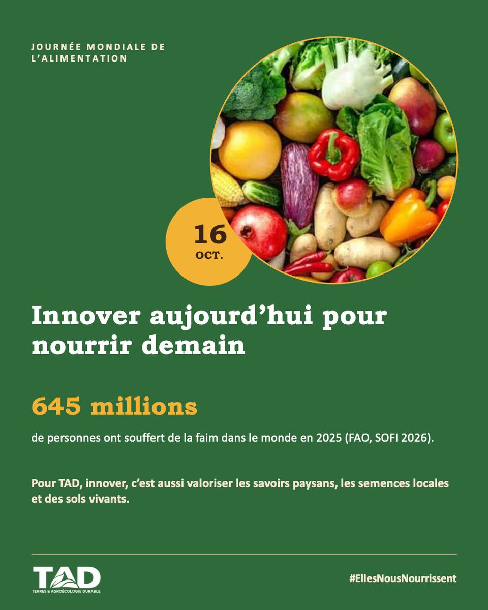 TAD_org's tweet photo. 🍽️ 645 millions de personnes ont souffert de la faim en 2025 (FAO).
Thème 2026: « Innover aujourd'hui pour nourrir demain »
Pour TAD, innover, c'est aussi valoriser les savoirs paysans et les semences locales 🌱
#WorldFoodDay #EllesNousNourrissent #JournéeMondialeDeLalimentation https://t.co/8ZQNHXJ7rz