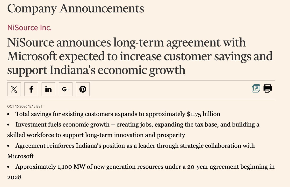 ShanuMathew93's tweet photo. NiSource locked a 20-year GenCo deal with Microsoft for the northwest Indiana campus. Per today's release:

>~1,100MW of new generation added to the GenCo pool, service from 2028
>Microsoft fully funds the generation and transmission built to serve it
>Expected NIPSCO customer savings rise from ~$1.4B to ~$1.75B over the life of the data-center contracts (up to ~$140 per customer a year)
>Separately, GenCo has contracted 600MW of battery storage (AGP Group toll) into the same pool

Same GenCo structure as Amazon and Alphabet: the hyperscaler pays for the assets and existing NIPSCO customers are protected from the incremental cost. Delivery starts 2028, so this is another late-decade block next to SoftBank Ohio and Venture Global's recent announcement.