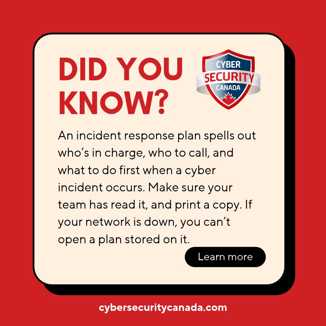 ManagedCISO's tweet photo. Cyber Fact Friday! A cyber incident response plan spells out who’s in charge, who to call, and what to do first when a cyber incident occurs. Make sure your team has read it and understands their role, and print a copy. If your network is down, you can’t open a plan stored on it. https://t.co/P8slMxjqGq