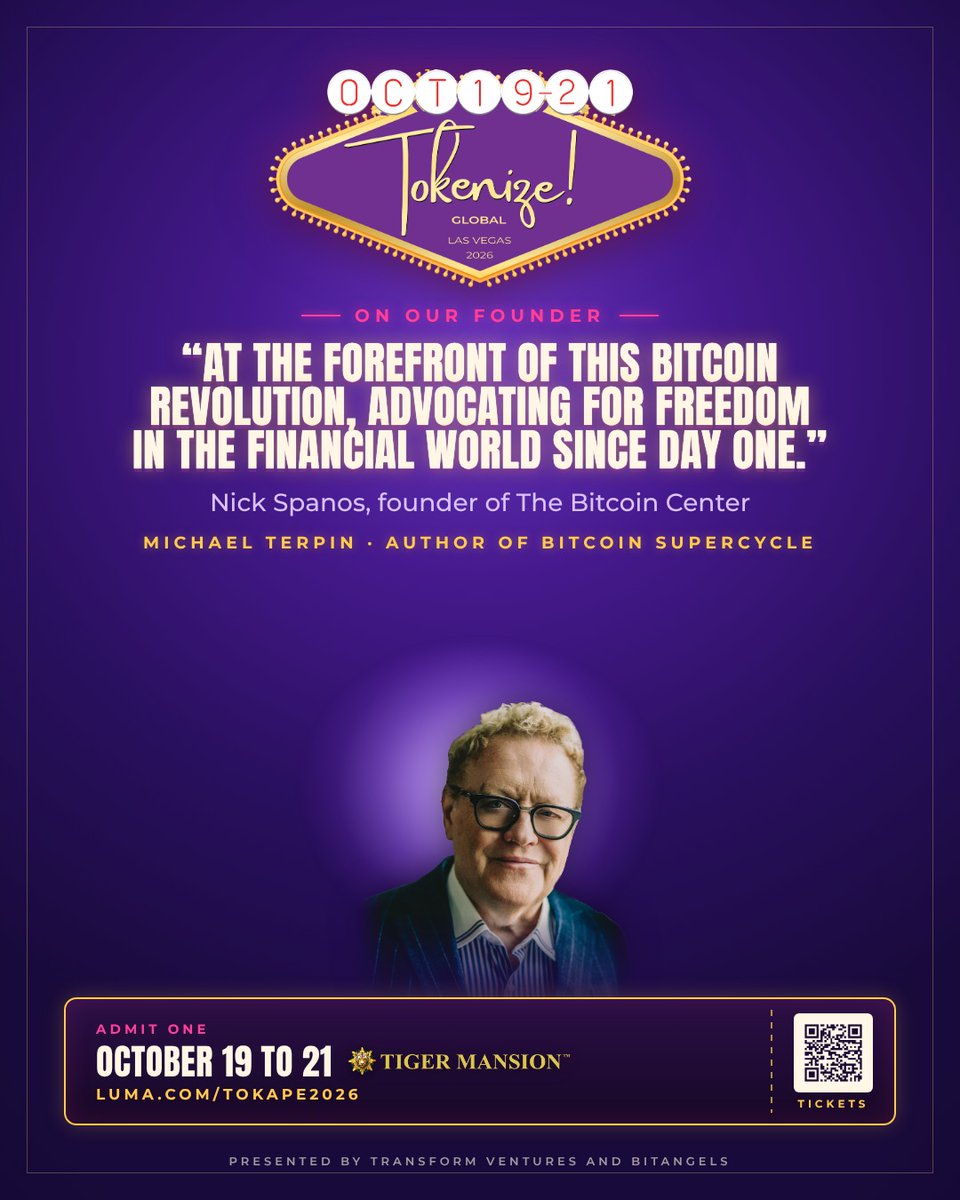 TokenizeCon's tweet photo. "At the forefront of this Bitcoin revolution, advocating for freedom in the financial world since day one." Nick Spanos (@nickspanos), founder of The Bitcoin Center, on @michaelterpin. Three days at Tiger Mansion start Monday.

https://t.co/klYo85NiaX 

#TokenizeLV #Money2020 https://t.co/ogQ4Jq7D5v