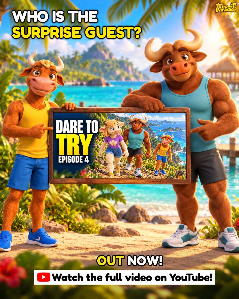 cow_paradise__'s tweet photo. Who Is the Surprise Guest? 🎁🌴 | Cow Paradise
Thunder has a plan, Sunny has doubts, and Moly has a surprise! 👀
Who's the mysterious guest? 🤔
▶️ Watch Dare to Try Episode 4:👇
https://t.co/A0lX9MKLuA
#CowParadise #DareToTry #episode4 #thesurpriseguest #cliffjumping https://t.co/deo4tEImFH
