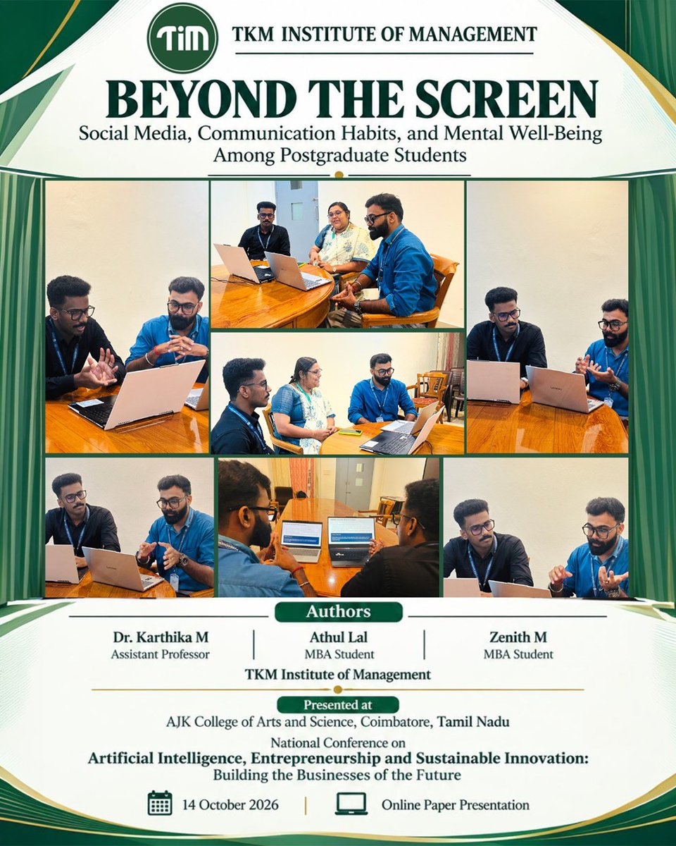 tkmimtweets's tweet photo. TKM Institute of Management researchers Dr Karthika M, Athul Lal and Zenith M presented their study on social media, communication habits and mental well-being among postgraduate students at a national conference on AI and sustainable innovation.
#ResearchExcellence #ItsTIM https://t.co/u2FO5vpGyv