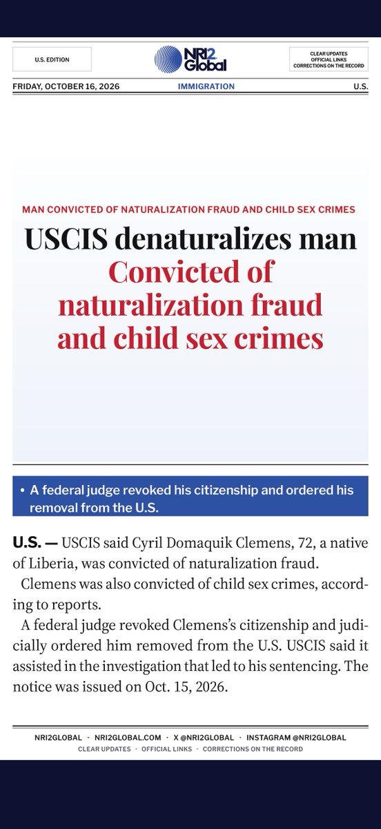 NRI2Global's tweet photo. USCIS denaturalizes man convicted of naturalization fraud and child sex crimes

@USCIS #Denaturalization https://t.co/qV6rsnAjvK