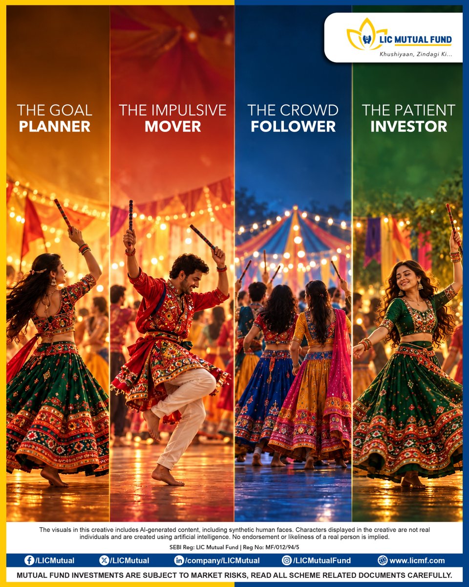 licmutual's tweet photo. We all know a Planner, a Follower, a Last-Minute One, or a Calm One in every Garba group. These personalities show up in investing too.
Understanding your own behaviour can be the first step towards making better financial decisions.
✨Garba Apne Taal Pe. Investing Apni Samajh Se https://t.co/65CZk56NVK