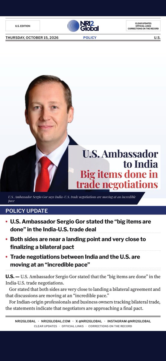 NRI2Global's tweet photo. US Ambassador says India-US trade deal is near finalization

US envoy Sergio Gor stated that the "big items are done" in the India-U.S. trade negotiations.

@SergioGor #Trade https://t.co/yxSmnMzPim