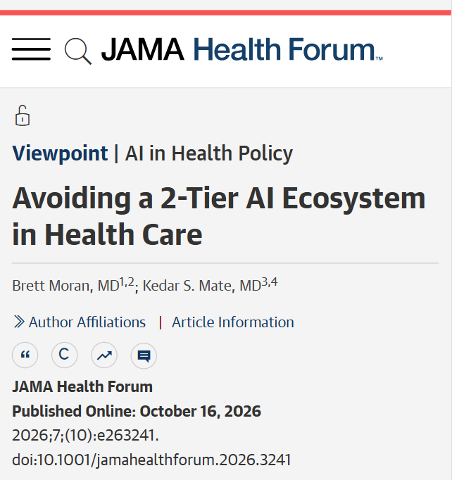 JAMAHealthForum's tweet photo. 💬 Viewpoint: A 2-tier #AI ecosystem in health care may emerge if responsibility for safe deployment remains concentrated at the local level while control over model design and updates remains with developers. 

https://t.co/Kg4pYa64yy https://t.co/jameUWa8YG