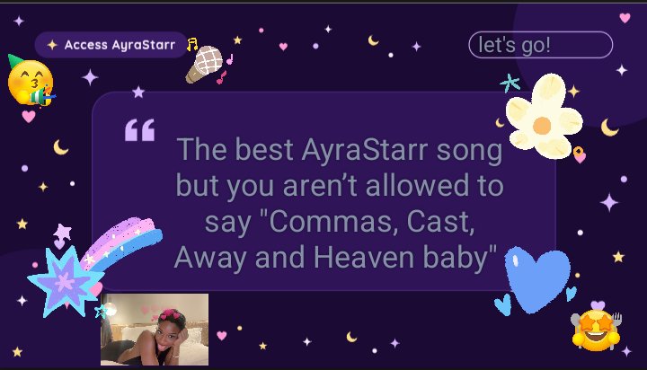 AccessAyraStarr's tweet photo. Be for real, how many of you just lost your whole answer? 😭 

Drop your pick anyway💜 https://t.co/K1Y2DcOUzg