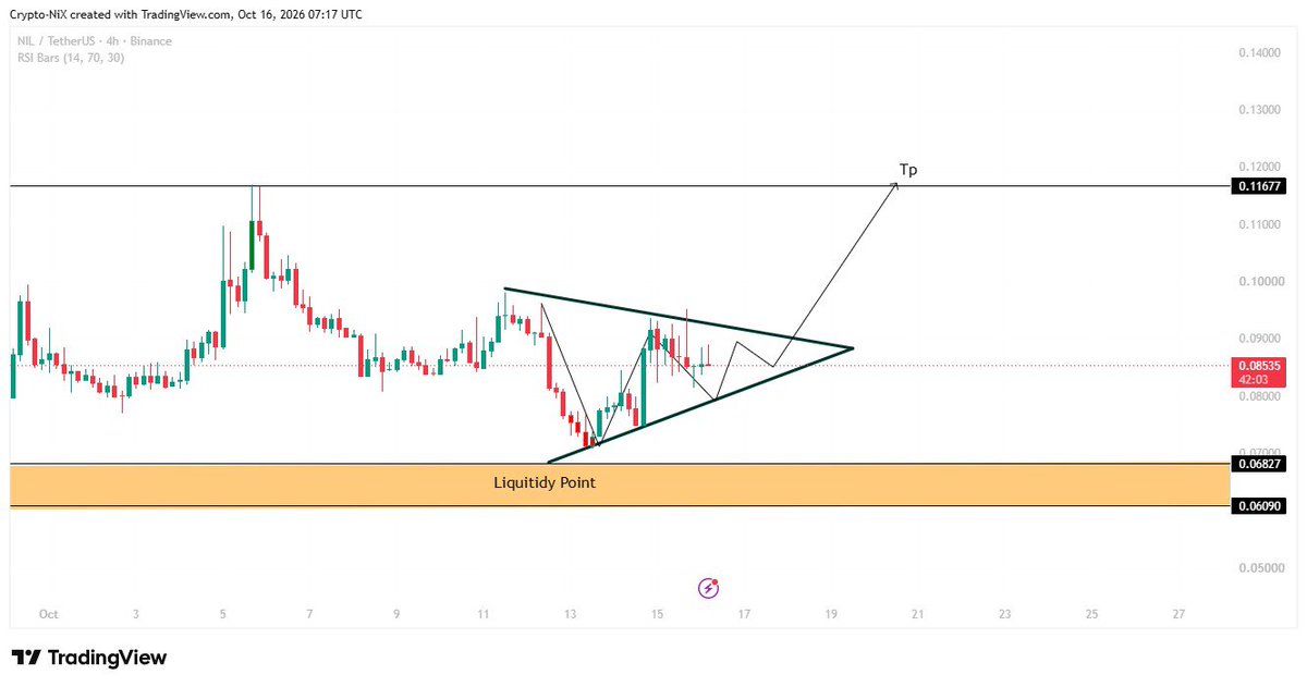 CryptoniqX's tweet photo. $NIL  | THE SETUP IS TIGHTENING

The market is compressing, and NIL is approaching a decisive moment.

On the 4H timeframe, price is forming a symmetrical triangle after sweeping lower liquidity a structure worth watching closely.

Target: $0.11677
Key Liquidity Zone: $0.06090–$0.06827

A confirmed breakout could open the door to a significant upside move. 

However, rejection or a breakdown could invalidate the bullish thesis.

No blind entries. 

No premature predictions. 

Just structure, liquidity, and confirmation.

Stay sharp. Let the market reveal its hand.

@nillion