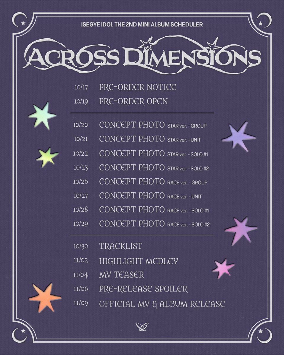 isegyeidol_ofcl's tweet photo. 이세계아이돌 (ISEGYE IDOL) The 2nd Mini Album [Across Dimensions]

SCHEDULE POSTER

🌙 2026. 11. 09 6PM (KST)
📀 PRE-SAVE https://t.co/zuFi0fbqNa

#이세계아이돌 #ISEGYEIDOL
#AcrossDimensions #ISEGYEIDOL_AcrossDimensions https://t.co/EFIyDxpQkU